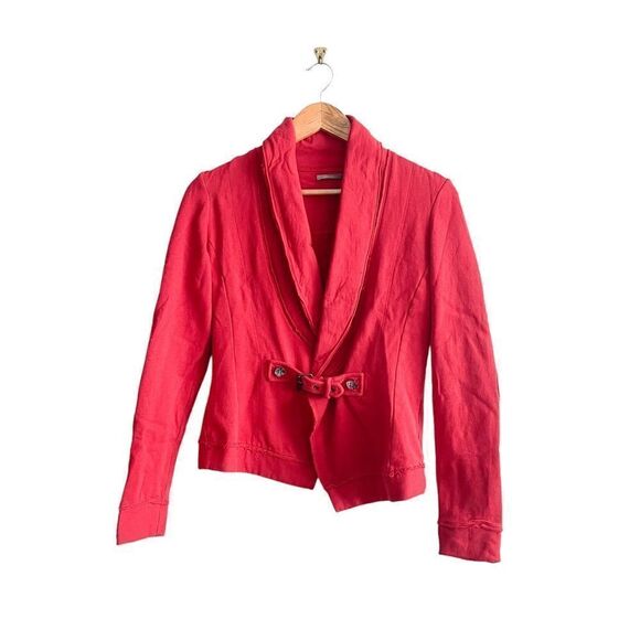 Sandwich Knit Blazer Buckle Red Raw Edges Elbow Patches Women's S Cardigan - Picture 1 of 8